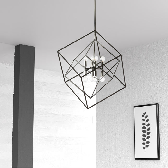 Luminaire suspendu Kappa de Dainolite avec fini chromé poli et noir mat, et 8 ampoules