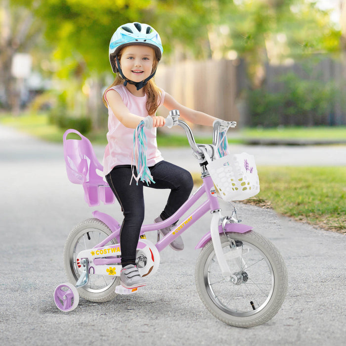 Costway 14 Pouces Enfants Velo Avec Roues D'entrainement Poupee Siege Panier Streamers Frein A Main Violet