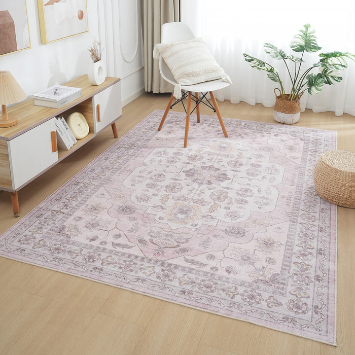 Tapis Rose Lavable Et Antiderapant A Poils Ras 5'x7'