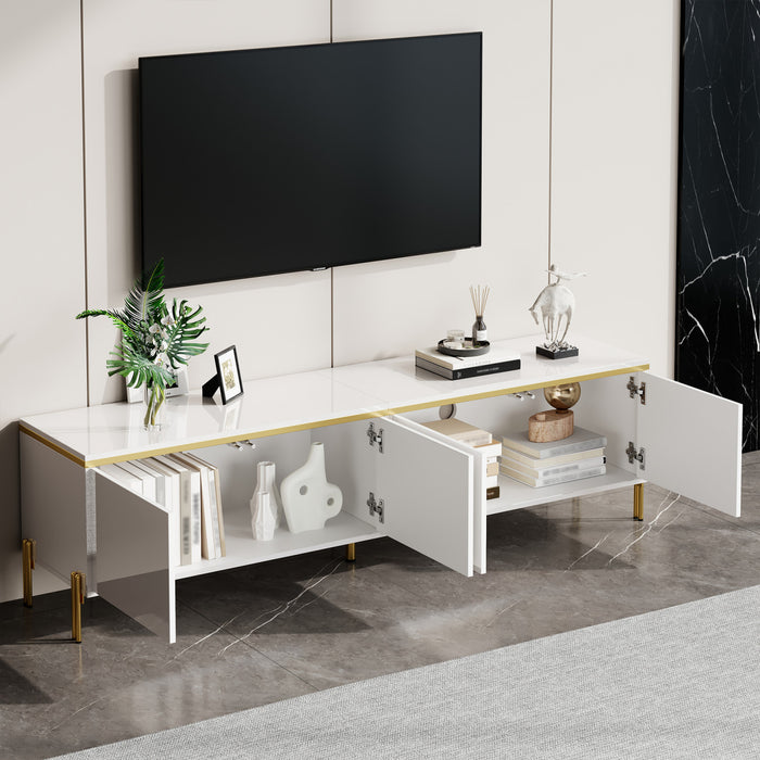 Croma Meuble TV Moderne Haute Brillance 67 po avec Gestion des Cables et Garniture Doree, Blanc