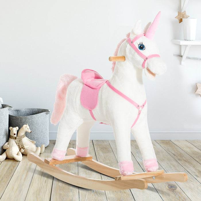 Qaba Cheval A Bascule Peluche Licorne Avec Sons Realistes, Blanc Et Rose
