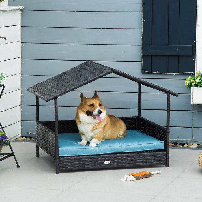 Pawhut Lit Pour Chien Sureleve En Rotin Pour Animal Domestique Interieur Exterieur En Resine Tressee Pour Chien Lit Pour Chien Maison Pour Animal Canape-lit Avec Coussin Rembourre Et Abri De Toit Bleu