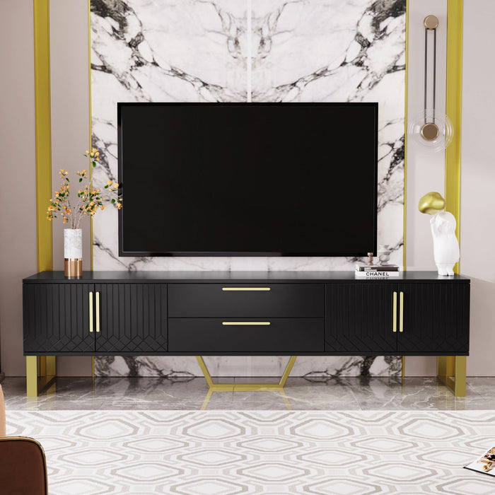 Steven 66.9\" Cabinet TV Sur Pieds avec Poignees et Pieds Dores, Noir