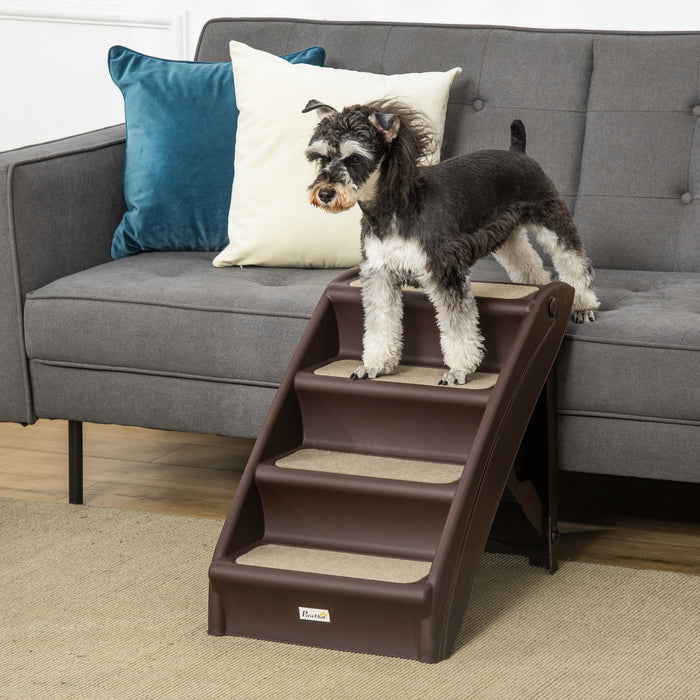 Pawhut Escalier Pour Chien Portable A 4 Niveaux, Rampe Pliable Pour Chiens, Escaliers Pour Chats, Avec Tapis Antiderapant Lavable Et Amovible, Pour Lit Haut, Canape, Jusqu'a 44 Lbs, Brun Fonce