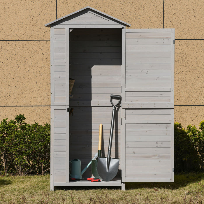 Outsunny Armoire De Rangement En Bois De 36\" X 25\" X 79\", Abri De Jardin A Outils D'exterieur Avec 4 Niveaux, 3 Etageres Avec Poignee, Toit En Etain, Loquet Magnetique, Coussinet De Pied, Gris Clair