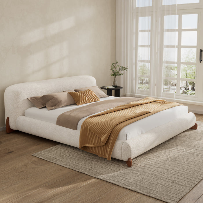 Cadre de lit plateforme Emma a profil bas avec tete de lit courbee et revetement en boucle, taille king, blanc creme