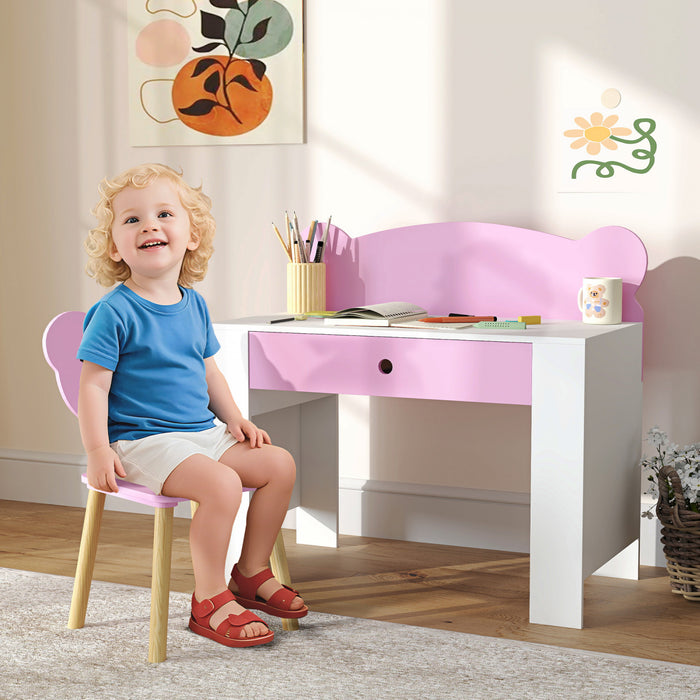 Ensemble Bureau Et Chaise Pour Enfants, Table D'etude Et Chaise Avec Tiroir De Rangement, Rose