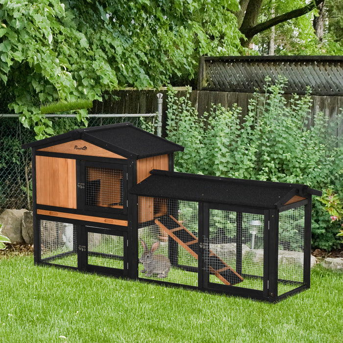 Pawhut 179,9 Cm Clapier En Bois Pour Animal Domestique Parc Pour Lapin Avec Boite De Course, Plateau Coulissant, Rampe, Pour Lapins Et Petits Animaux, Noir