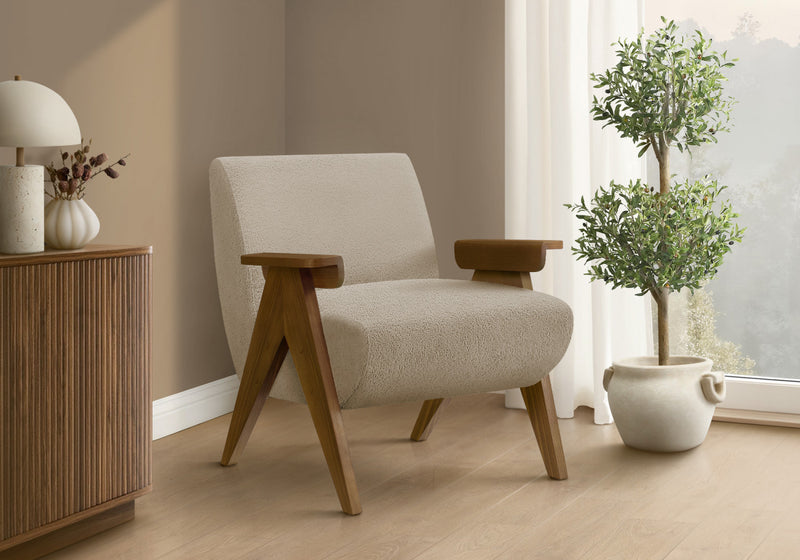 Monarch Specialties - Chaise D'Appoint, 31\"H, Rembourre, Salon, Chambre A Coucher, Beige, Bois Noyer Brun
