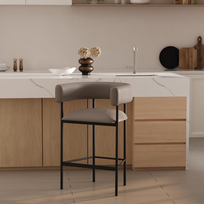 Tabouret de comptoir contemporain Onda en cuir vegetalien et metal, coloris taupe