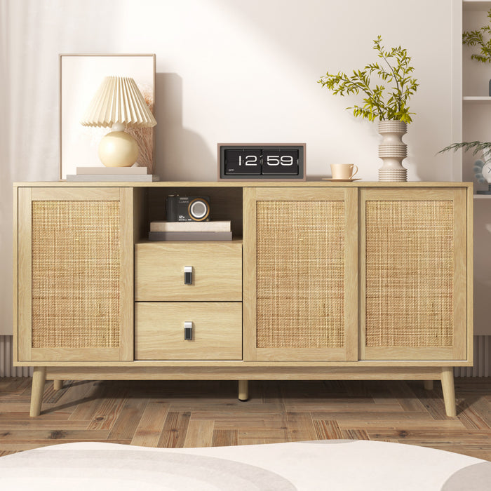 Oliver 61\" Buffet avec Portes Coulissantes en Rattan et Tiroirs, Naturel