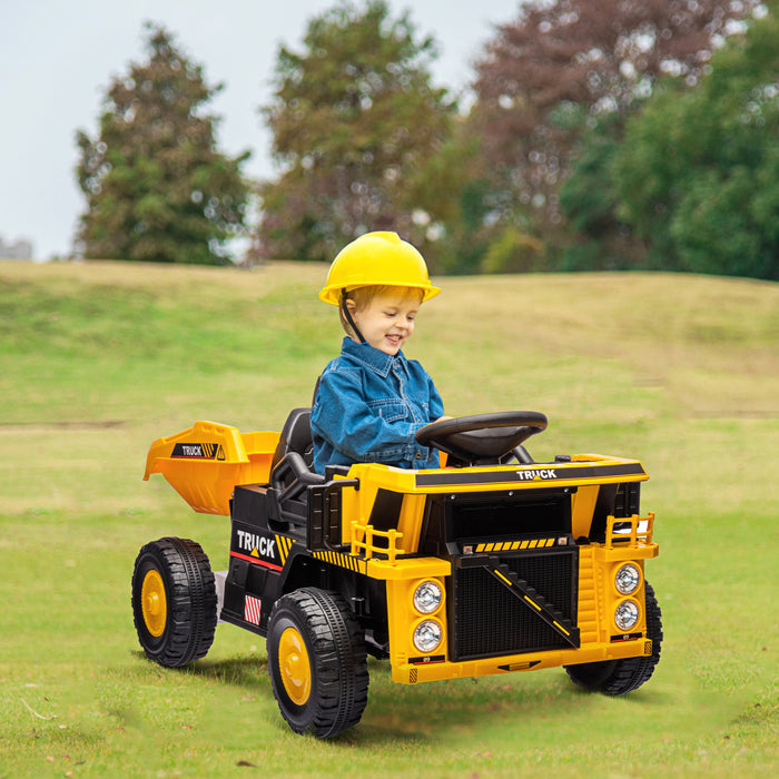 Qaba Camion A Benne Basculante Pour Enfants, Vehicule De Construction 12 V Avec Benne Electrique, Pelle, Roues A Suspension A Ressort, Phares Musicaux Led Pour Les 3 A 5 Ans