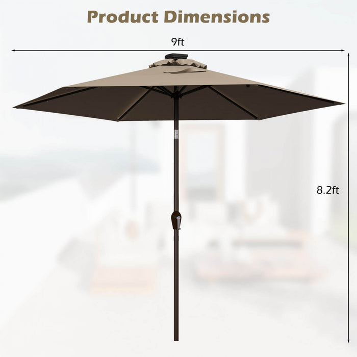Costway Parasol de marche solaire LED de 9 pieds avec reglage d'inclinaison et manivelle, tan