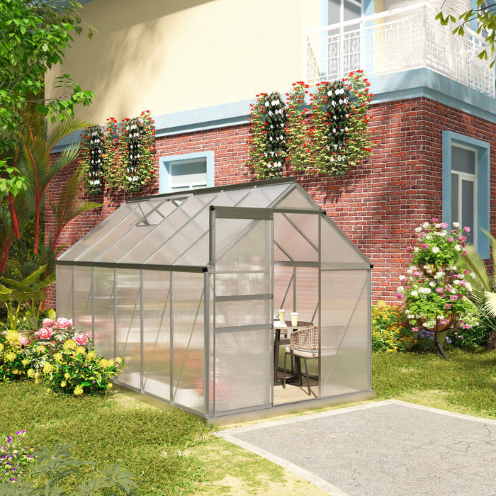 Outsunny 12' X 6' Outsunny Kit De Serre De Jardin En Polycarbonate Avec Event De Toit Reglable, Gouttiere Et Porte Coulissante Pour L'hiver Argente