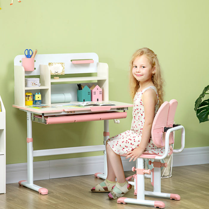 Qaba Ensemble Bureau Et Chaise Pour Enfants, Bureau Et Chaise D'etudiant Reglables En Hauteur Avec Dossier De Siege Adaptatif, Repose-pieds, Etagere, Tiroir, Porte-stylo, Rose