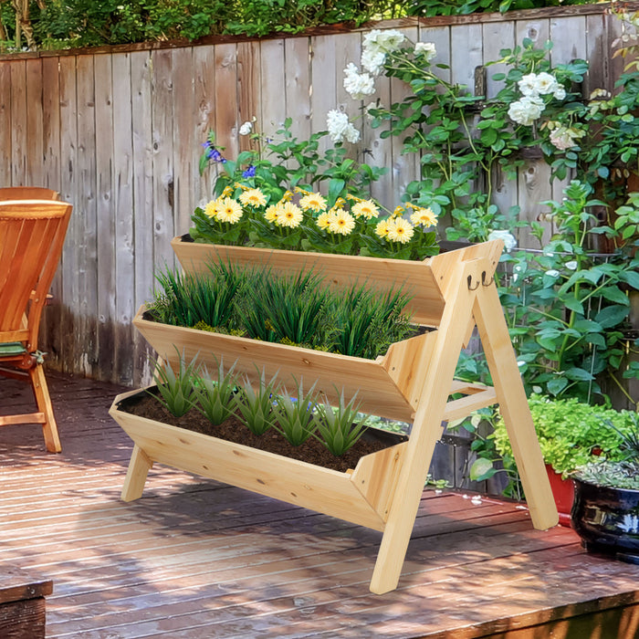 Outsunny 47,25''x26,75''x31,5'' Support De Fleurs De Jardin En Bois A 3 Niveaux, Rangement Vertical Pour Lit De Plantes Avec Planche A Clin, Crochets