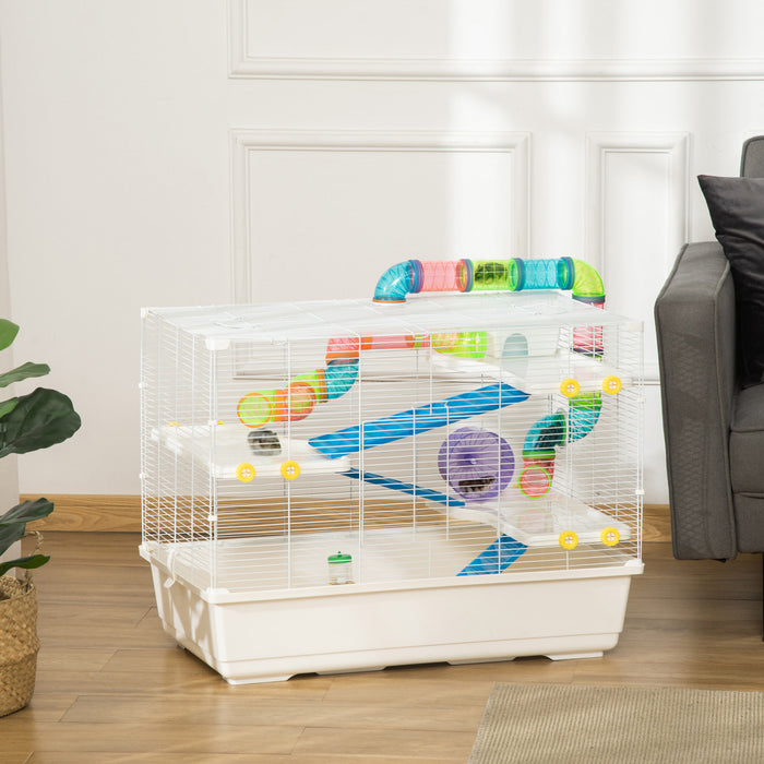Pawhut Grande Cage Pour Hamster De 31 Cm, Maison Pour Petits Animaux, Refuge Pour Gerbilles A Plusieurs Etages, Systeme De Tube De Tunnel, Avec Bouteille D'eau, Tubes, Roue D'exercice