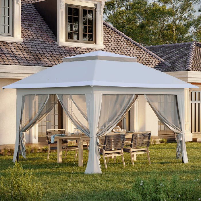 Outsunny 12' X 12' Tonnelle Barnum De Jardin Pop-up Pliant Acier Polyester Moustiquaires + Sac De Transport A Roulettes Gris Clair