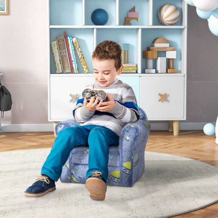 Qaba Chaise Pour Enfant, Chaise Pour Enfant Avec Motif Feerique Lumineux, Cadre En Bois, Canape Pour Enfant De 18 A 36 Mois, Bleu