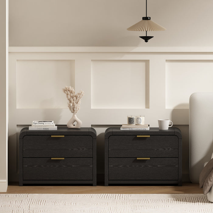 Table de nuit moderne Grace 28\" en noir et or (2 tiroirs) - Lot de 2