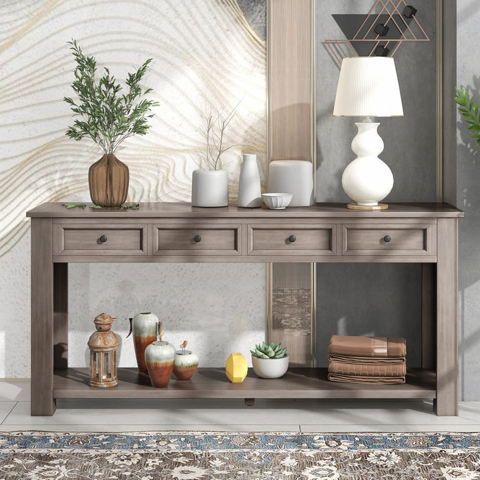Table Console Gracie En Bois Massif Avec Tiroirs Et Etagere, Gris Patine