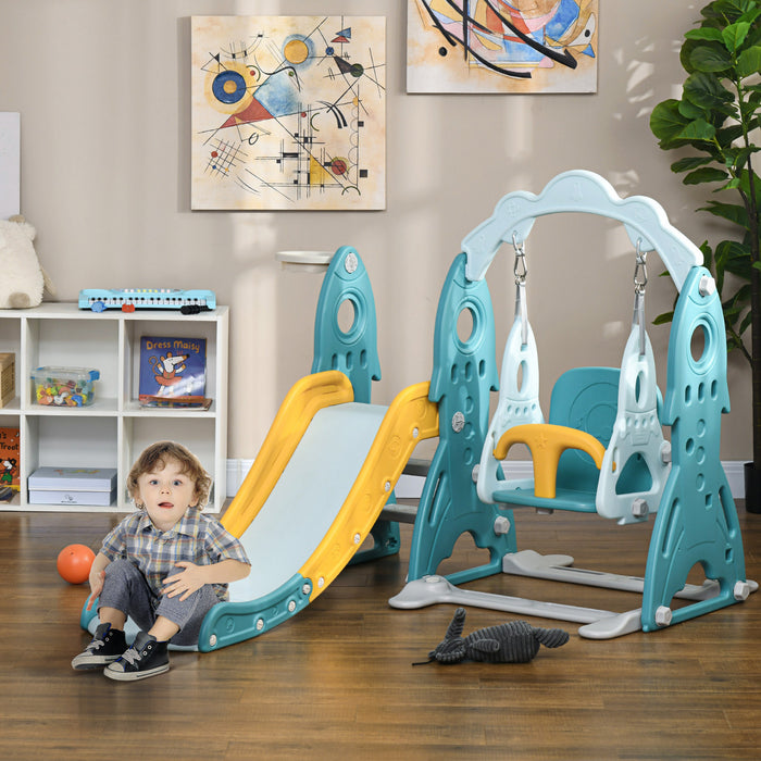 Qaba Ensemble Toboggan Et Balancoire Pour Enfants 3 En 1, Aire De Jeux Interieure Avec Panier De Basket, Balancoire Reglable, Grimpeur Pour Tout-petits, Pour Les 1 A 3 Ans, Bleu Clair