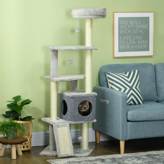 Pawhut Arbre A Chat De 57.5\" Avec Griffoirs, Grande Tour Pour Chats D'interieur Avec Lit, Maison, Jouets, Gris