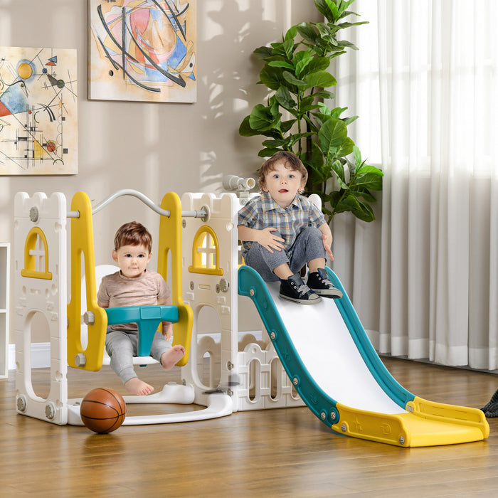Qaba Ensemble Toboggan Et Balancoire 6 En 1 Avec Panier De Basket, Grimpeur, Balancoire Pour Bebe, Aire De Jeux Interieure Avec Espace De Rangement, Pour Les 1 A 3 Ans, Jaune
