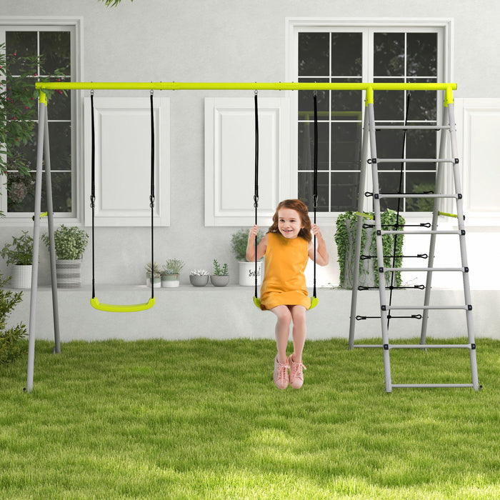 Outsunny 4 En 1 Swing En Metal Avec Double Balancoires, Grimpeur, Filet D'escalade, Heavy Duty Swing Set Pour Enfants, Tout-petits, Cour Arriere, Exterieur, Terrain De Jeu, Vert