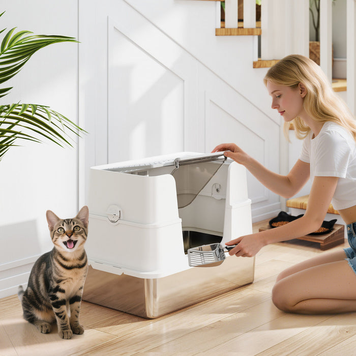 Xl Stainless Steel Litter Box W/ 100° Flip Top For Big Cats