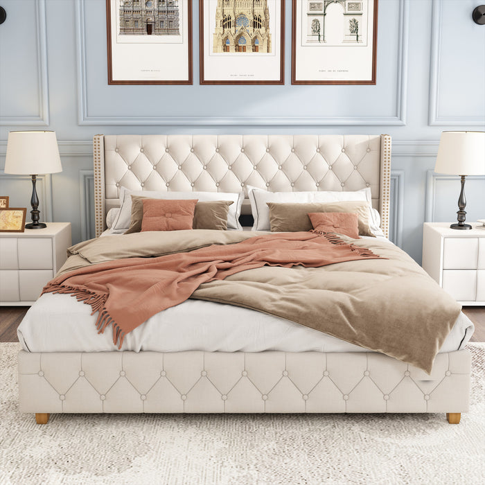 Lit plateforme en lin Haley avec tete de lit a ailes classiques et capitonnage en diamant, taille King, beige
