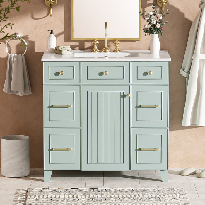 Norma Meuble-lavabo 36\" En Bois Massif Avec Vasque En Ceramique - Vert