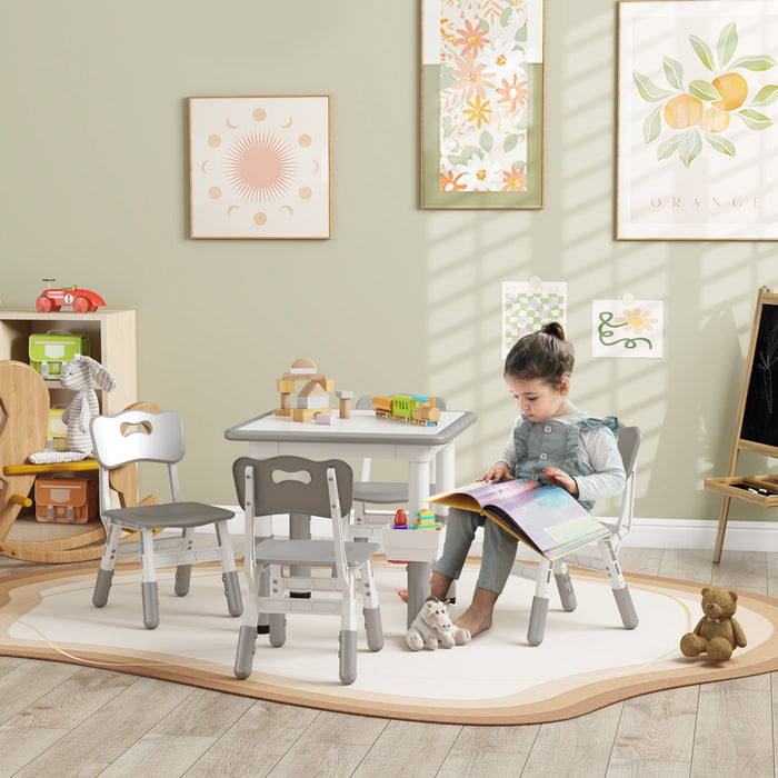 Qaba Ensemble Table Et Chaises Pour Enfants 5 Pieces, Ensemble Table Et Chaises Reglables En Hauteur, Ensemble Table Et Chaises D'activites Avec Rangement, Pour Salle De Jeux, Salle De Classe, Gris