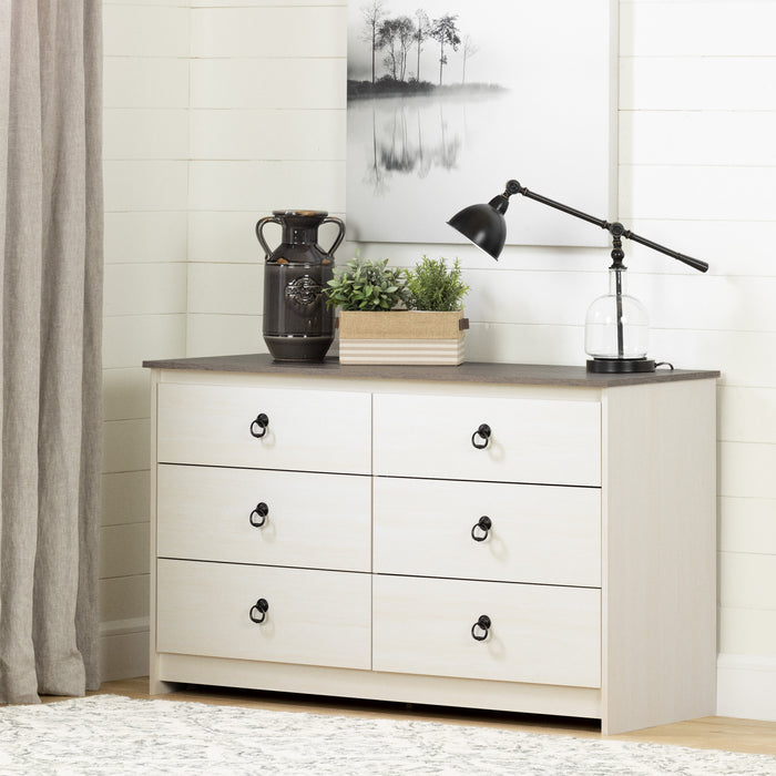 Plenny Commode 6 tiroirs Blanc antique et Chêne vieilli, de Meubles South Shore