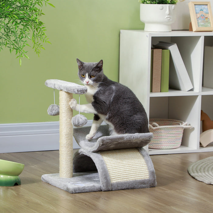 Petit Arbre A Chat Pawhut De 43 Cm Avec Poteau Superieur Rotatif, Tour A Chat Avec Griffoir, Plateforme, Tunnel, 2 Balles Suspendues, Griffoir, Gris Pale