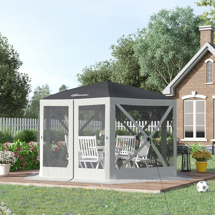 Outsunny 12' X 12' Tente Pop-up Hexagonale Abri Camping Pique-nique Auvent Pare-soleil Exterieur Avec Parois Laterales En Maille Et Sac De Transport Gris