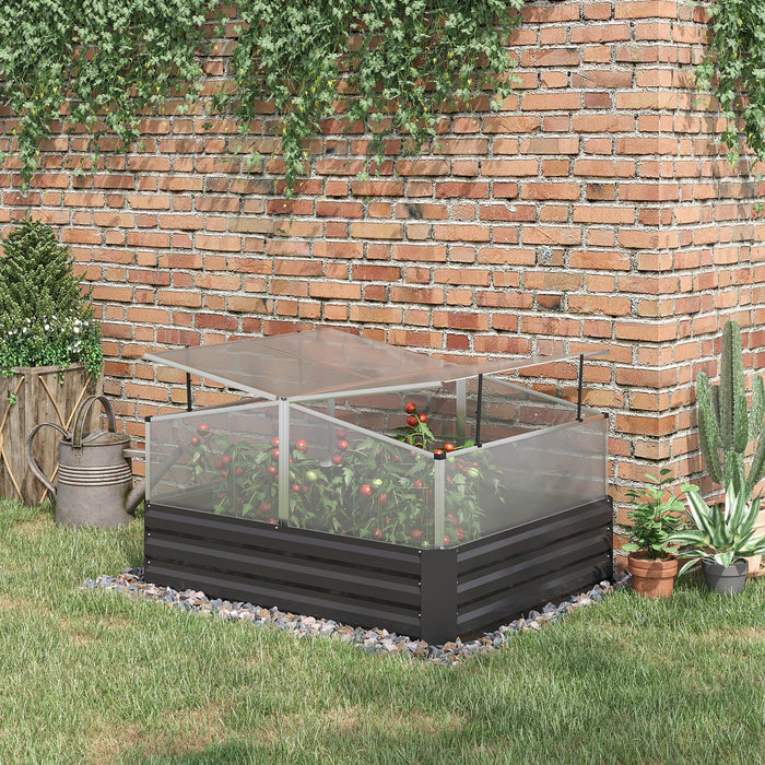 Outsunny Lit De Jardin Sureleve Galvanise Avec Serre, Jardinieres En Acier Pour Plantes D'exterieur, Fleurs, Herbes Et Legumes, Utilisation Pour Patio, Cour Arriere, Balcon, Gris Fonce