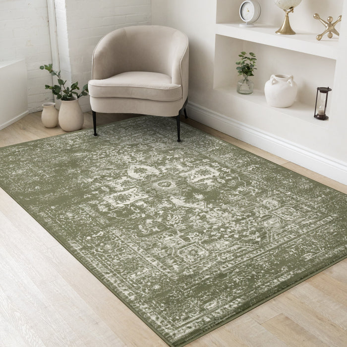 Tapis Florence vert et blanc elegant et classique, 6'7\" x 9'6\"