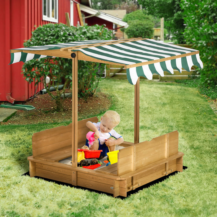 Bac A Sable En Bois Pour Enfants Avec Couvercle, Station De Jeu De Sable D'exterieur Pour Enfants Avec Banquettes Pliables, Auvent Reglable, Doublure Inferieure Pour L'exterieur, Marron