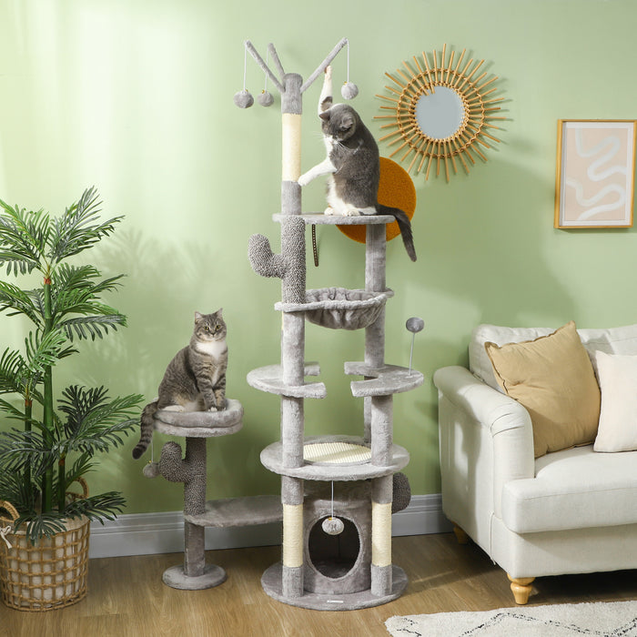 Pawhut Arbre A Chat De 71\" De Haut, Tour A Plusieurs Niveaux Pour Chats Avec Griffoirs, Coussin En Sisal, Lit, Hamac, Plates-formes, Centre D'activite Pour Chat, Gris Clair