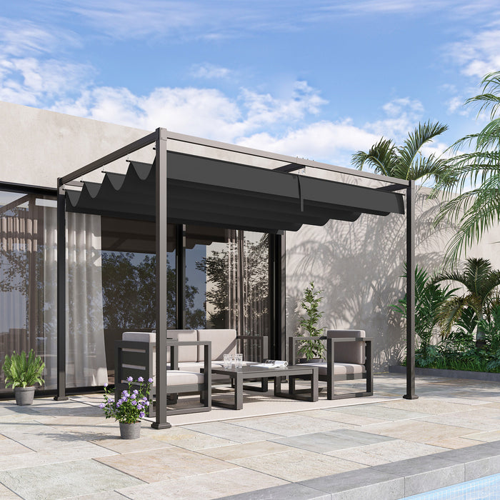 Outsunny 10 X 7ft Pergola Gazebo Avec Auvent Retractable Patio Exterieur Abri Soleil Jardin Tissu Resistant A L'eau Noir