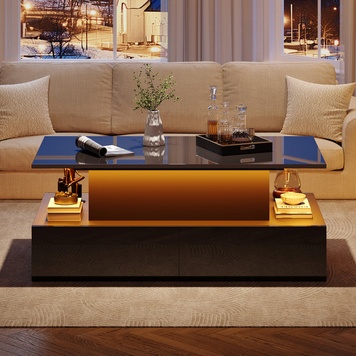 Ethan table basse relevable – table avec eclairage LED et tiroirs de rangement, noir