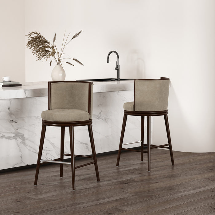 Tabouret de bar moderne en bois et tissu Evalyn, naturel - Lot de 2
