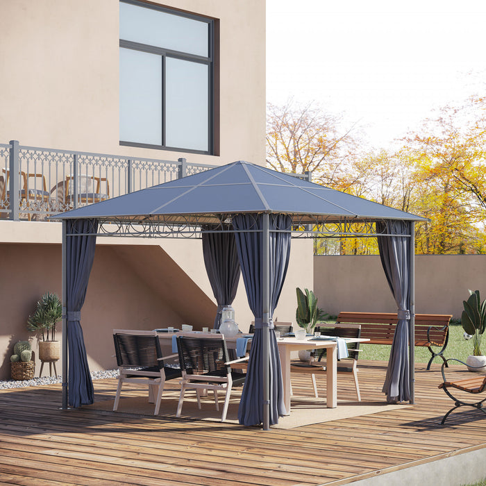 Outsunny 10' X 10' Pavillon De Jardin Polycarbonate A Toit Rigide Gazebo Exterieur Patio Avec Cadre En Aluminium Et Rideaux, Gris Fonce
