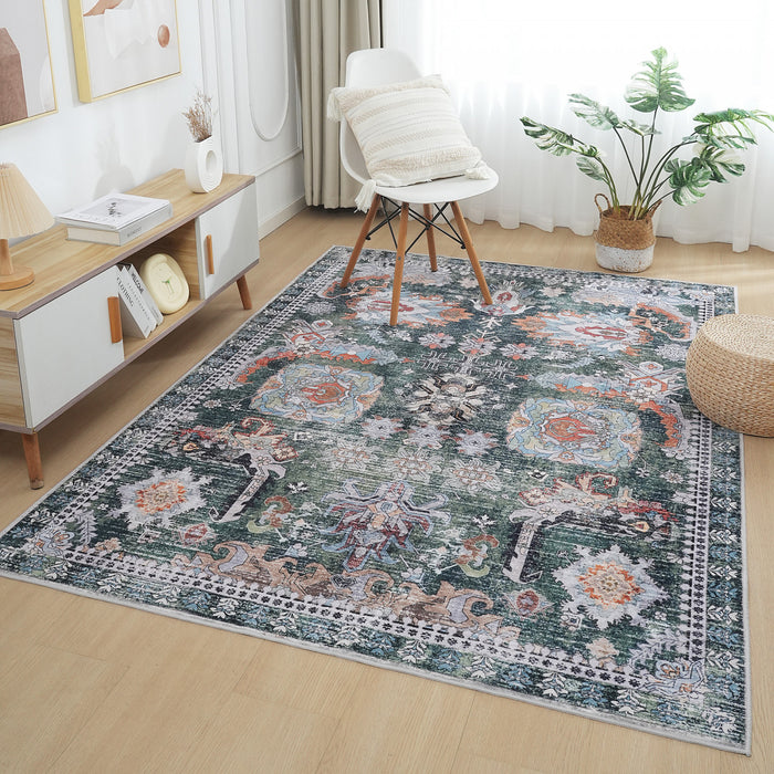 Aqua Flammes Verte Tapis Lavable Et Antiderapant A Poils Ras 5'x7'