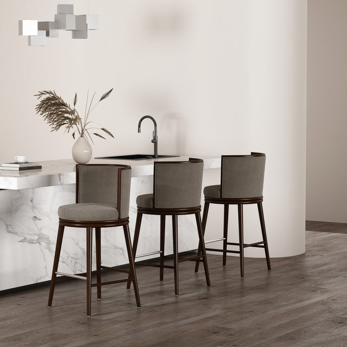 Tabouret de bar moderne en bois et tissu Evalyn, coloris Dove - Lot de 3