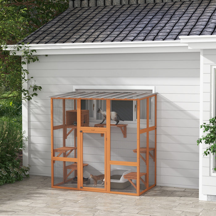 Pawhut Catio Enclos D'exterieur Pour Chat En Bois Avec Toit Resistant Aux Intemperies, Pont, Boite De Repos, Plates-formes Pour 2 Chatons, Orange