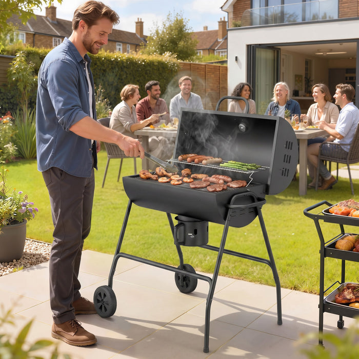 Outsunny Fumoir a Charbon Barrel, Barbecue sur Roulettes, Noir