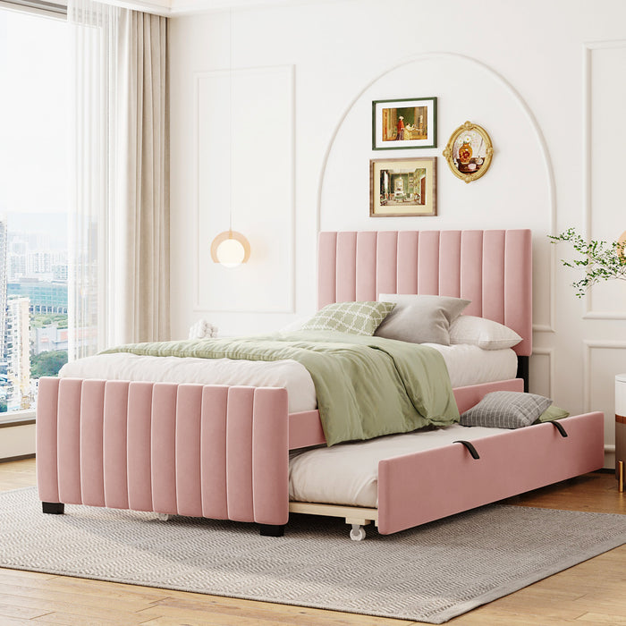 Lit plateforme Ethan rembourre en velours, gain de place, avec tiroir gigogne, taille simple, rose