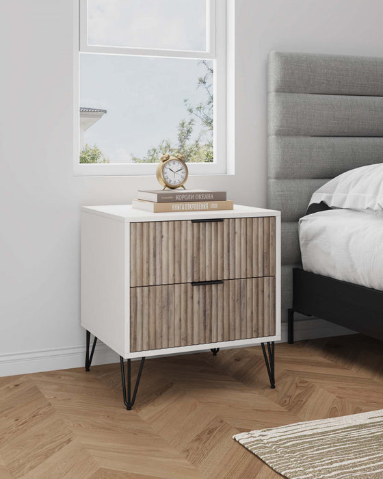 Table de nuit moderne Dumbo 20\" a cannelures, gris rustique et blanc (2 tiroirs)